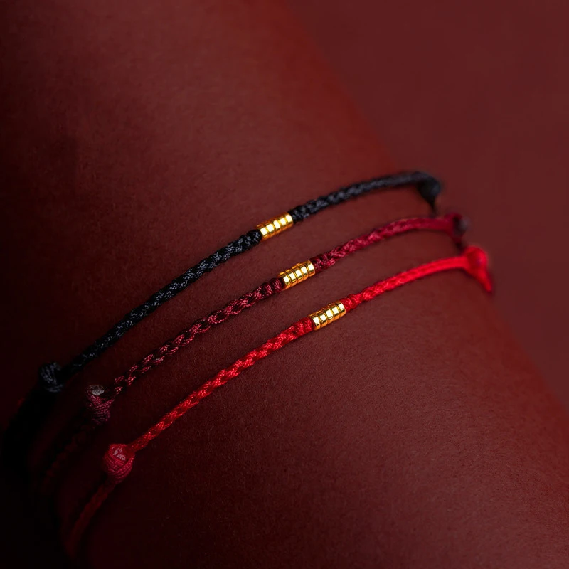Luxurious Handmade Gold Bead Red String Good Fortune Bangles Adjustable Stylish Jewelry for Men Women