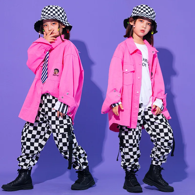 Kid Hip Hop Clothing Pink Yellow Ripped Oversized Shirt Checkered Casual Jogger Cargo Pants for Girl Boy Dance Costume Clothes