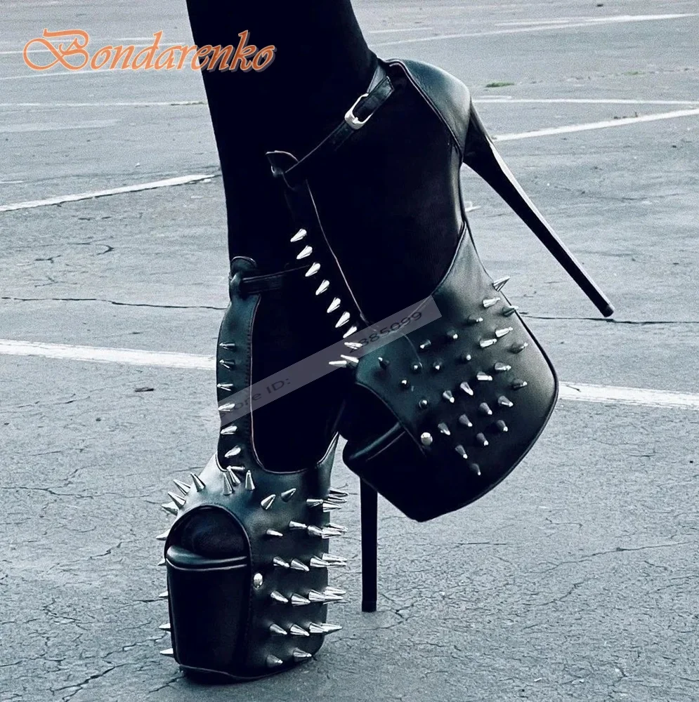 

Босоножки на платформе с заклепками и открытым носком, женские сандалии на тонком высоком каблуке с пряжкой и ремешком, вечерние однотонные летние дизайнерские туфли из кожи, новый стиль