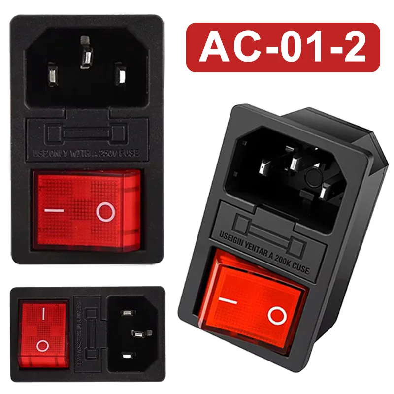 5/20Pcs AC-01-2 Electrical Switch 250V 10A Fuse AC Power Socket Panel Mount AC Connector Rocker Switch with 3Pin Red LED Switch