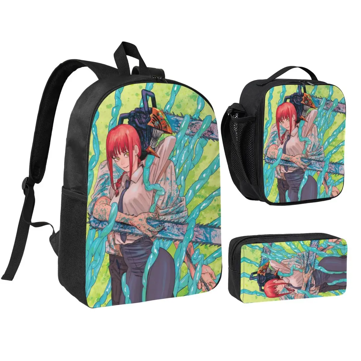 

Рюкзак Chainsaw Man 3pecs/set для мальчиков и девочек, школьные холщовые сумки в стиле аниме, сумка для обеда, пенал