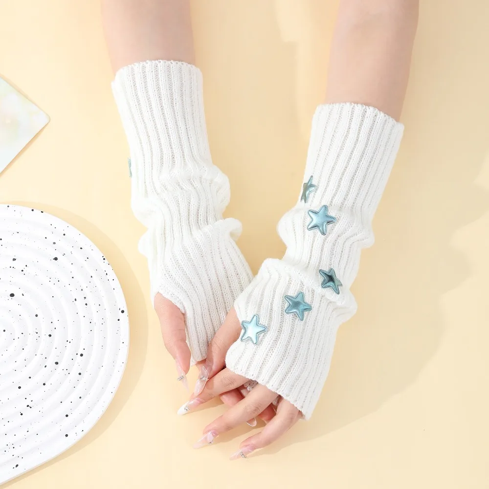 Knitted Arm Warmers Elastic with Stars Pattern Long Fingerless Gloves Warm Thumb Hole Design Winter Mitten Gloves for Women