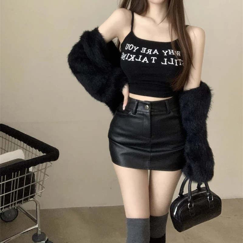 Black PU Leather  Skirt High Waist A-Line Slimming Versatile Women's Autumn Winter Sexy Short Skirt Pants for Trendy Girls