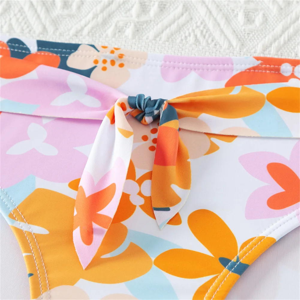 Toddler Girls Swimwear Bathing Suit Two Pieces Orange Floral Printing Bow Tie Design Bikini Swimsuit Set For Summer Beach