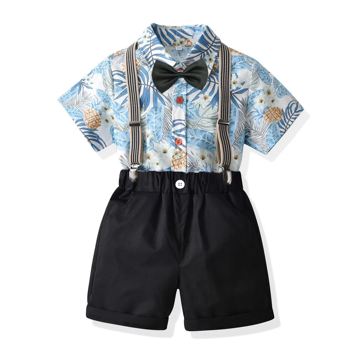 4Piece Toddler Boy Summer Outfits Fashion Gentleman Cotton T-shirt+Shorts+Straps+Tie Baby Clothing Set Children Clothes BC2380