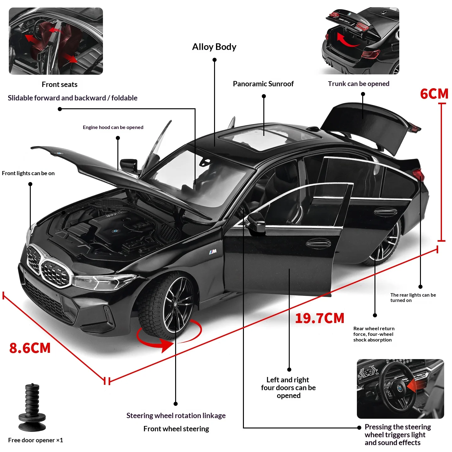 Alloy 1/24 scale BMW 3 series car model simulation interior details sound and light pull back adult collectible ornament
