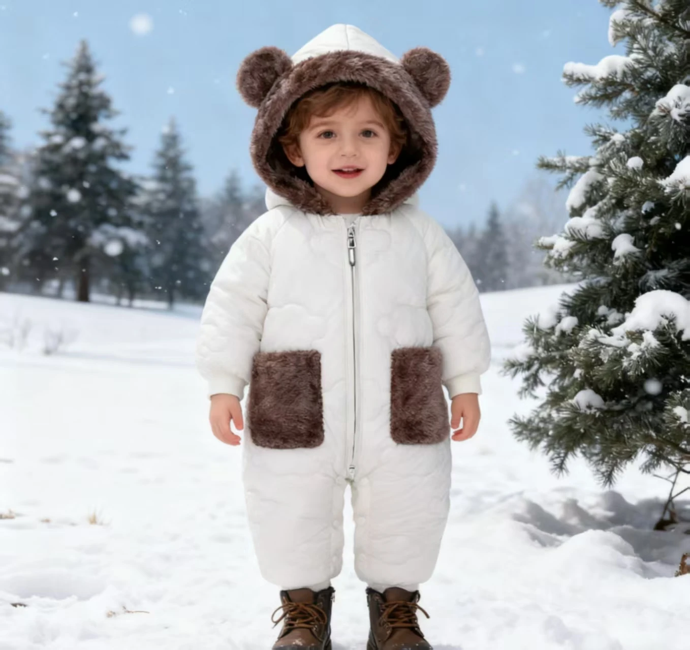 Autumn Winter Baby Boy Hooded Bear Ear Winter Romper 0-2 Years Toddler Boys Girls Fleece Lined Warm Jumpsuit Boy Overalls Infant