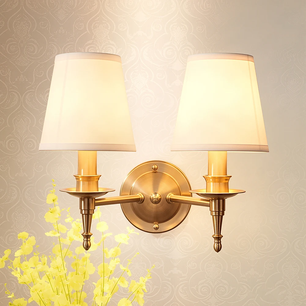 American Classic Solid Brass Wall Sconce White Lampshade Antique Candle Style Wall Light for Bedroom Bathroom Hallway Home Decor