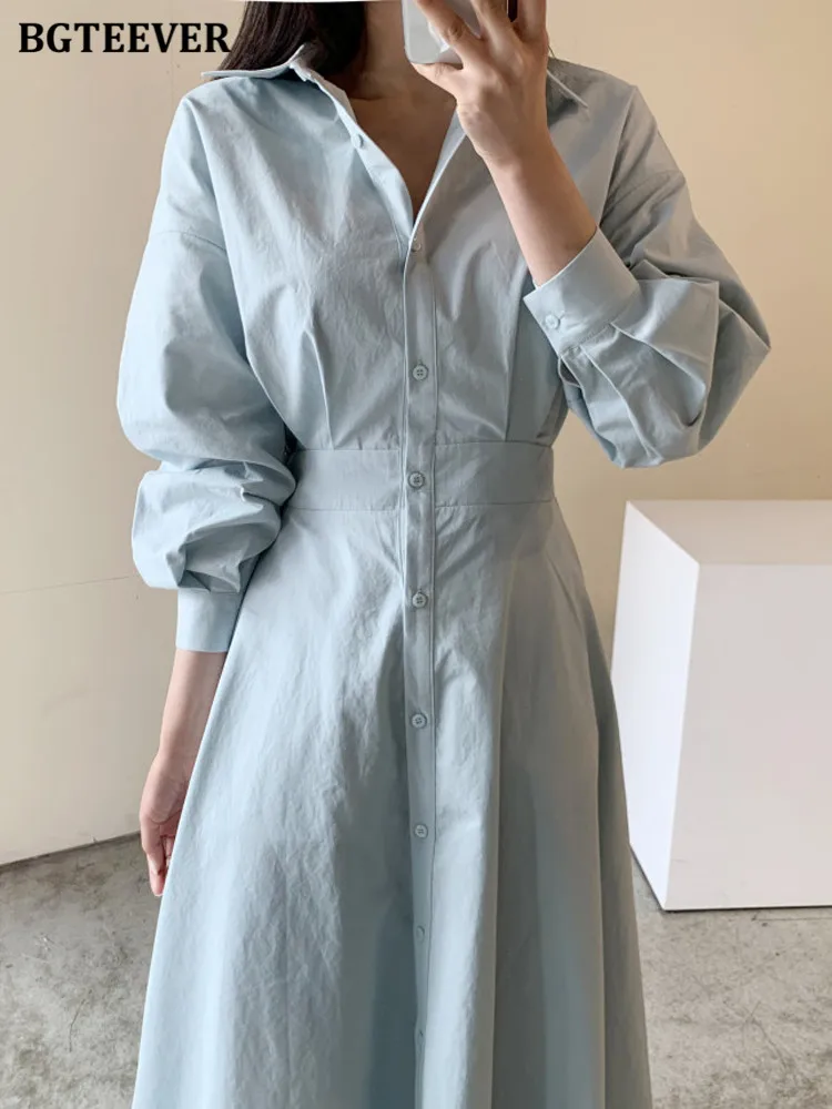 BGTEEVER Chic Turn-down Collar Women Shirt Dresses Elegant Long Sleeve Single-breasted Slim Female A-line Dresses 2022