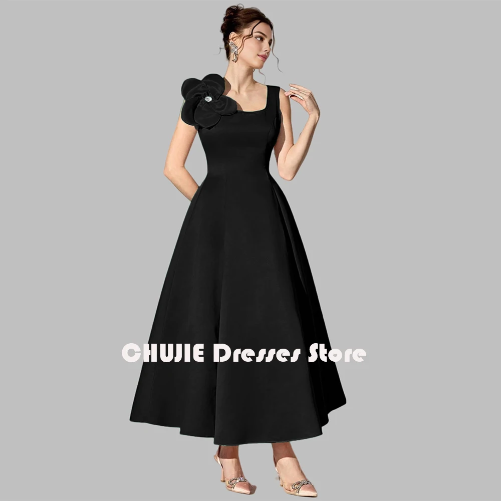 

Black Satin Ankle Length Mother of The Bride Dresses For Woman With Pocket Flower Ball Gowns Customized Wedding Evening Dress
