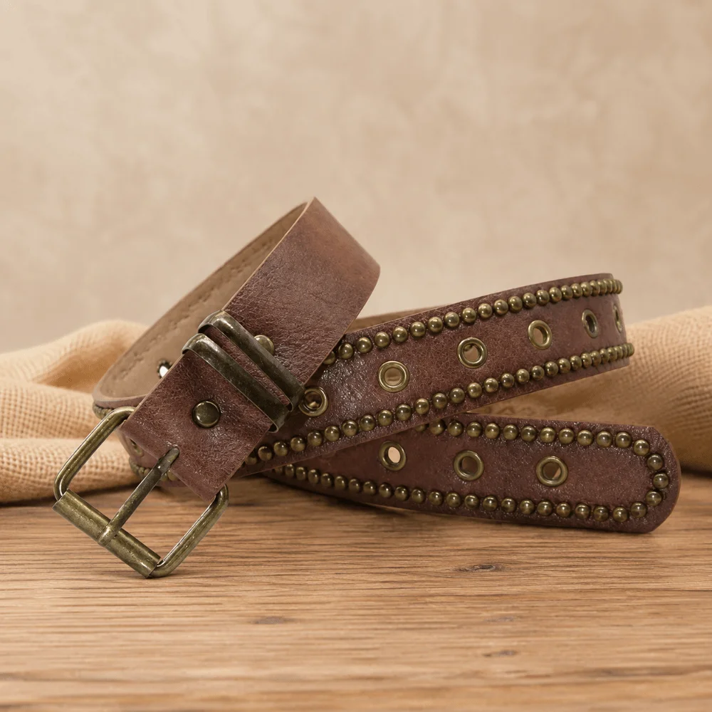 Rivet Studded PU Leather Belt Multi Hole Antique Bronze Pin Buckle Studded Leather Belt Distressed Brown Adjustable