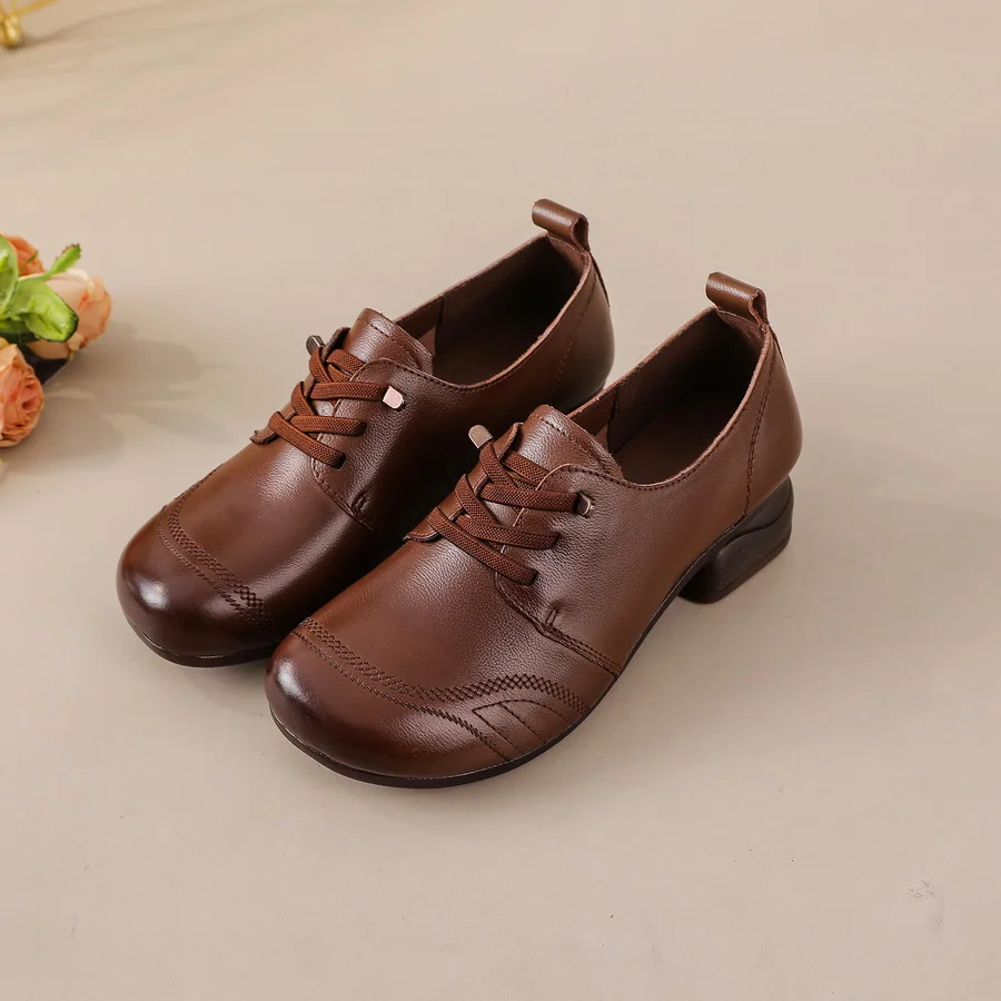

New vintage oxford pumps shoes women's genuine leather antique heels ladies laced up waterproof shoes woman brand low heel pumps