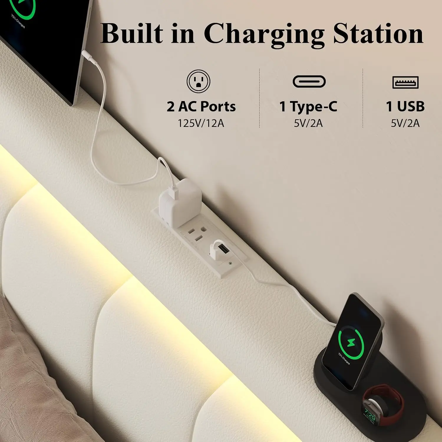 Queen Bed Frame with Charging Station, Storage Drawers, Upholstered White | Platform Bed with LED Lights, PU, Customized image 5