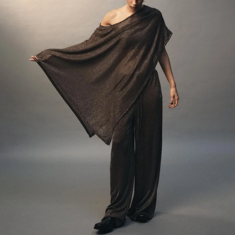 

Tinaa, французский плащ с золотой нитью, топы для женщин, 2025 г., стильные нерегулярные свободные пуловеры без рукавов на одно плечо, женская одежда