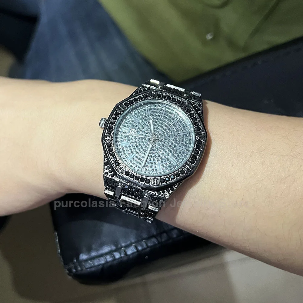 Cool Shiny Rhinestones Men Hip Hop Watch Customized Band Length Clock Iced Out Steel Octagonal Sky Star Wrist Watches