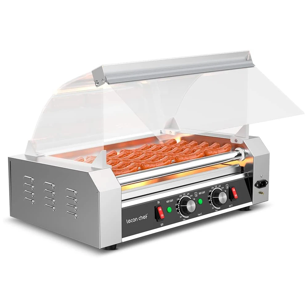 Leconchef Hot DoRoller Machine Commercial Stainless Steel 7 Roller Grill Cooker Machine with Glass Cover、Dust Cover & LED