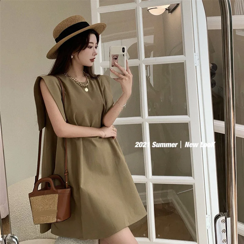 Dress Women Summer Solid Color A Word Sleeveless O-neck Fashionable Dresses Casual Vestidos Dropshipping Sale GYMT122