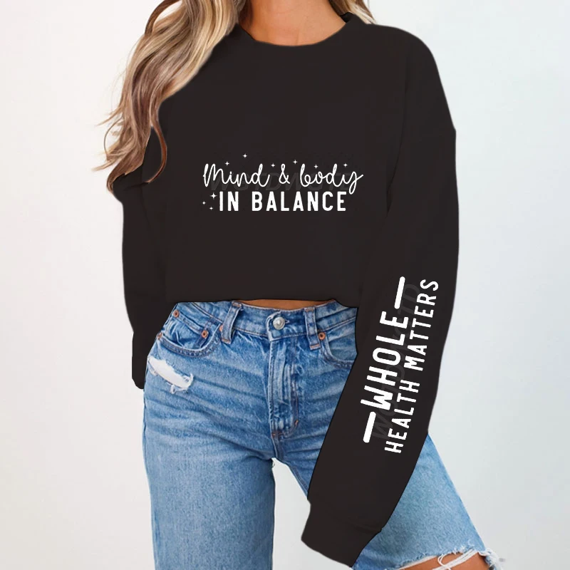 Women Loose Hoodies Mind & Body in Balance Letter Print Hoodless Sweatshirts Female Casual Long Sleeve Pullover Tops Streetwear