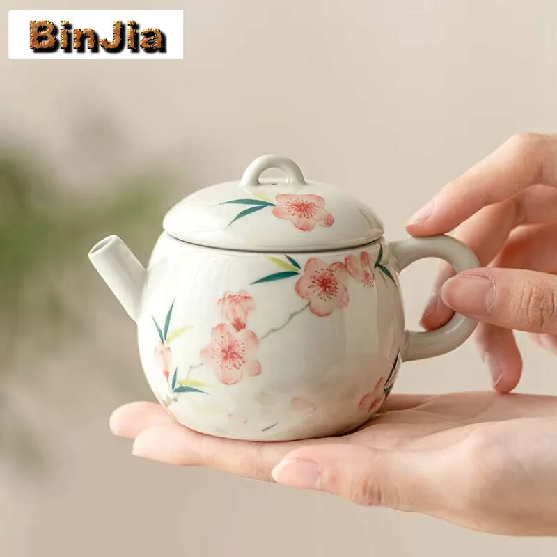 150Ml Hand Painted Peach Blossom Teapot Aesthetic Household Tea Brewing Kettle With Ball Hole Cafes Kung Fu Supplies Craft