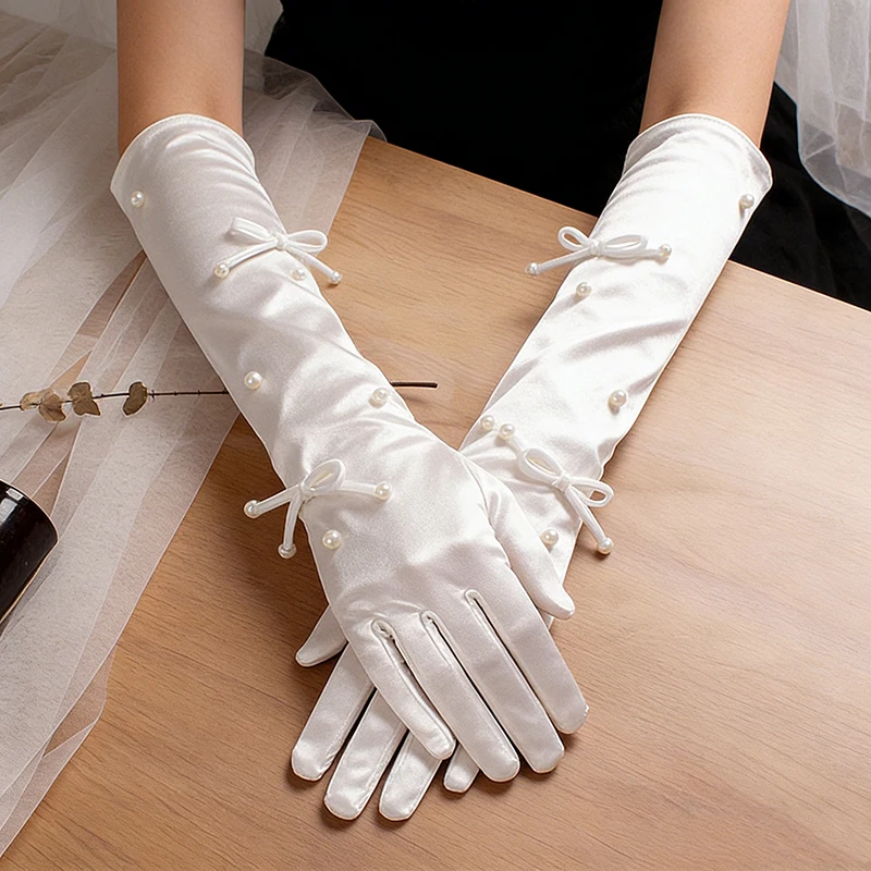

37CM Women's Long White Satin Gloves Faux Pearl Bow Decor Elegant Opera Bridal Wedding Evening Party Prom Sweety Retro