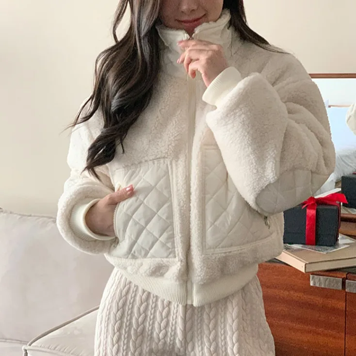 Winter New Style Versatile Cotton Jacket Design Sense Splicing Diamond Grid Double Pocket Lamb Fur Women Open Cardigan
