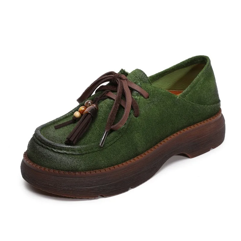 

Women Thick Sole Platform Shoes Handmade Retro Literary Style Genuine Leather Tassel Bead Casual Single Shoes Female