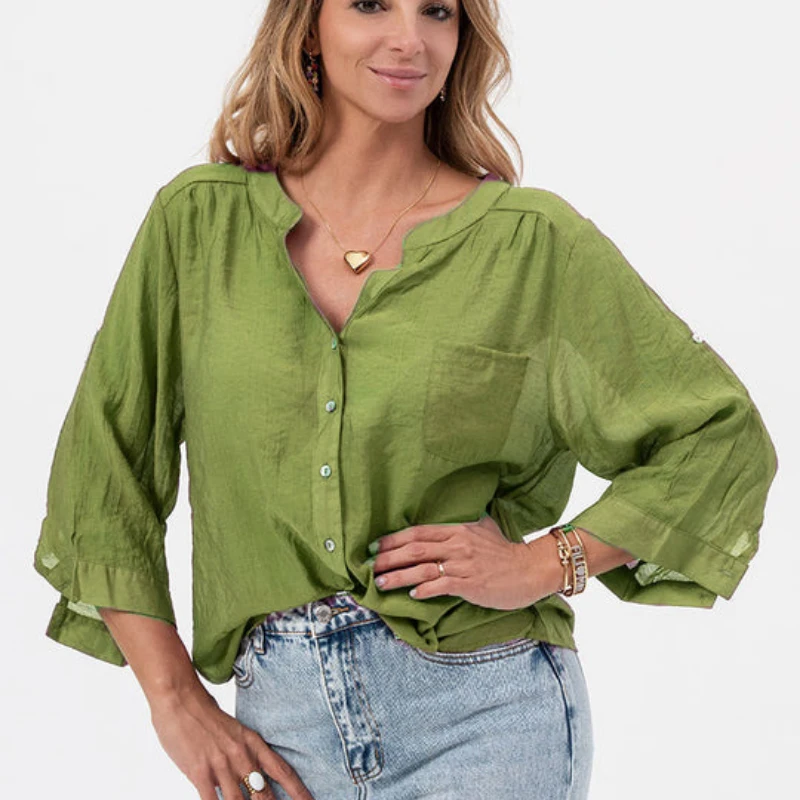 

Summer Blusas Women Blouse Three Quarter Sleeve Loose Clothes Spring Casual Shirt Solid Color Half Open Collar Tops New 27966