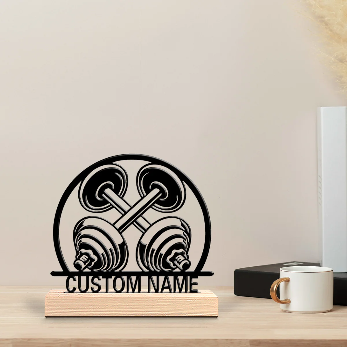 1 Stück Ausgefallene Personalisierte Metallstatue mit gekreuzten Hanteln, Outdoor-Schreibtischskulptur mit Holzsockel, Ideal für Camper und Wanderer