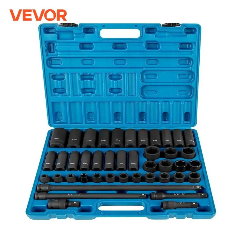 VEVOR 43PCS Impact Socket Set 1/2 Inch ASE Standard 19PCS Deep 6-Point Extension Bar With Carrying Case for Remove Wheel Lug Nut