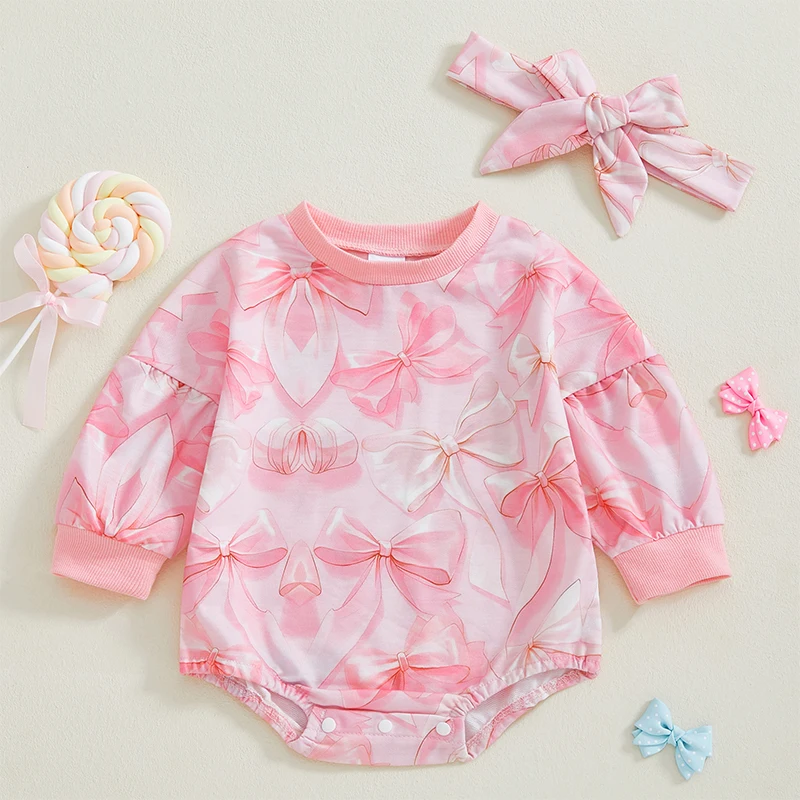 Princess Baby Girls Sweatshirt Romper Spring Cute Bow Print Long Sleeve Newborn Jumpsuits with Headband 2-Piece Kids Outfits