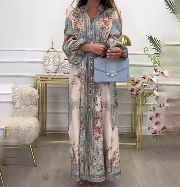 Temperament V-hals Lange mouwen Retro Paleisstijl Lentejurk Slim Fit Lantaarnmouwen Doorschijnende elegante taille Cinching-jurk