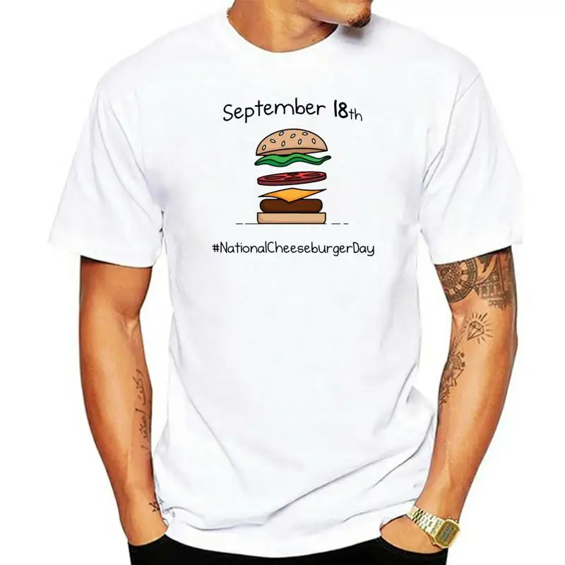 Happy National Cheeseburger Day September 18Th T-Shirt White-Grey For Men-Women Retro O Neck Tee Shirt