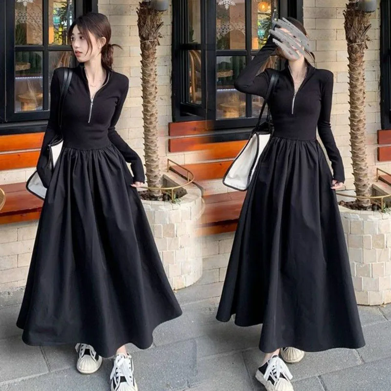 Black Long Dresses for Women Korean Simple High Waist Zipper-Up Turtleneck A-Line Dress Ladies French Style High Street Vestidos
