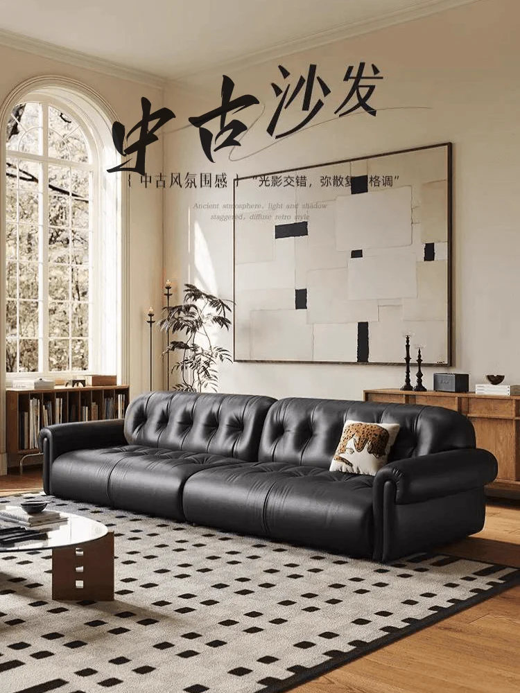 

American light luxury buckle full leather sofa, living room special-shaped black retro casual first-layer cowhide designer sofa