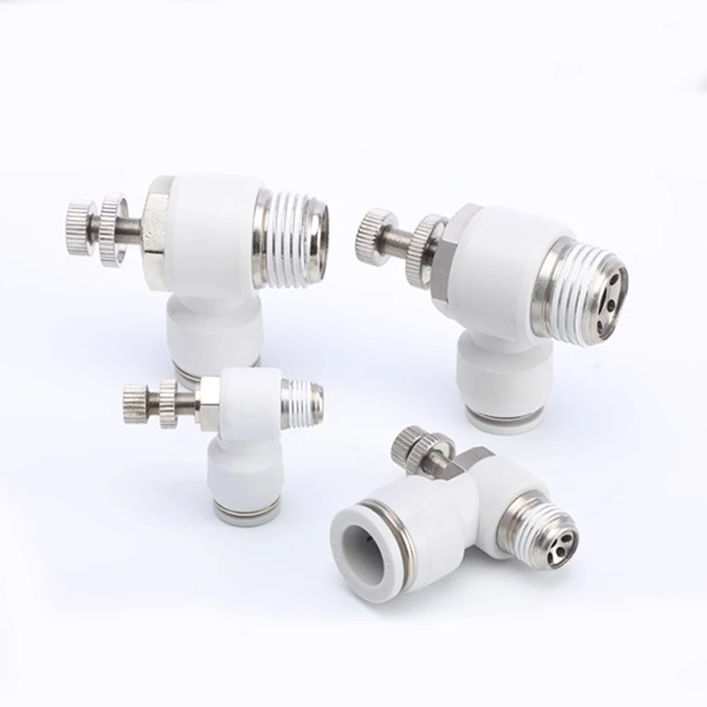 SL White Pneumatic Quick Connector Speed Control Valve Air Pipe 10 12mm Solenoid Valve Adjustment Connector 1/8 1/4 3/8 1/2 8-02