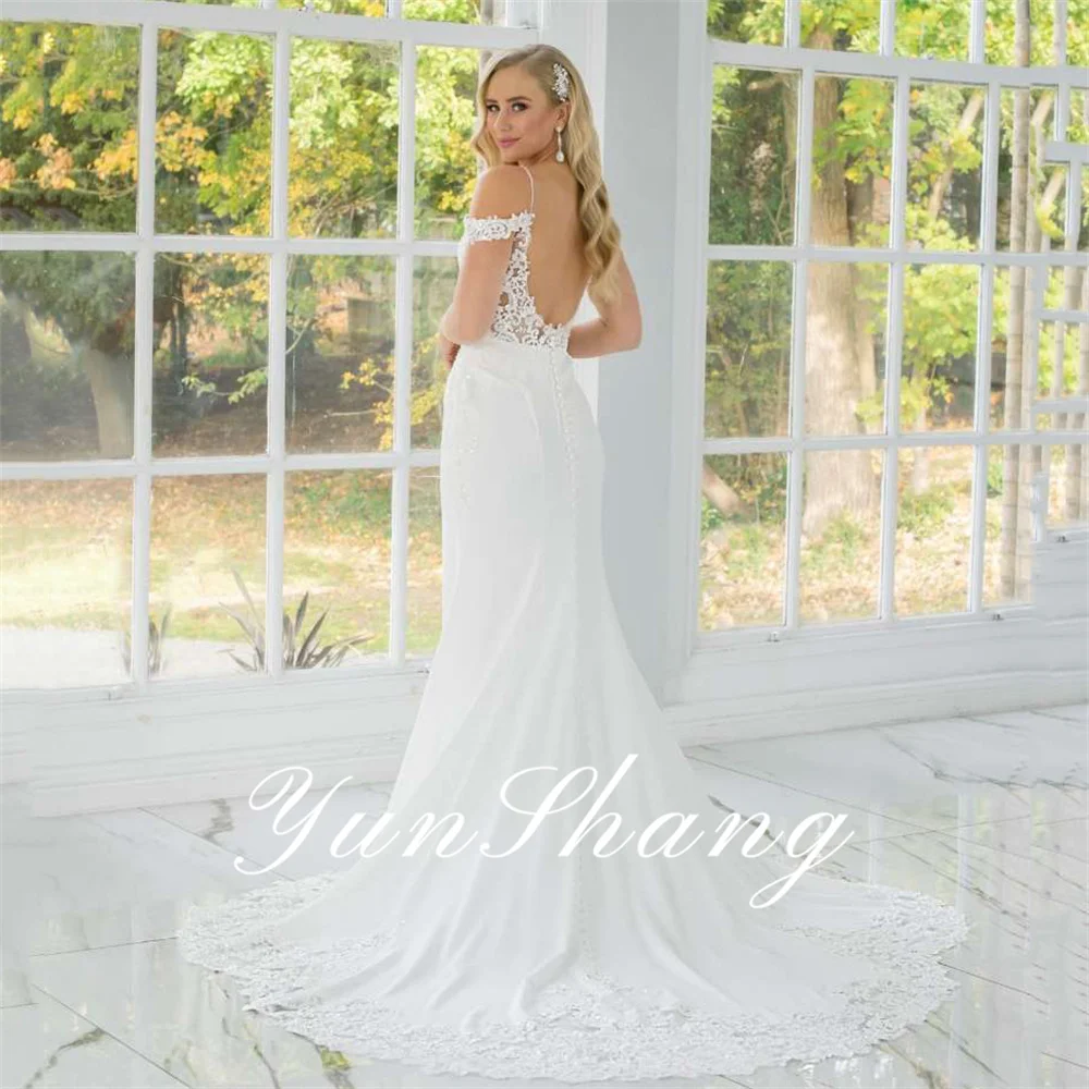 Yunshang-vestido de novia elegante personalizado, sirena, escote en forma de corazón de encaje con hombros descubiertos, vestido de novia Appliaue, tren de barrido