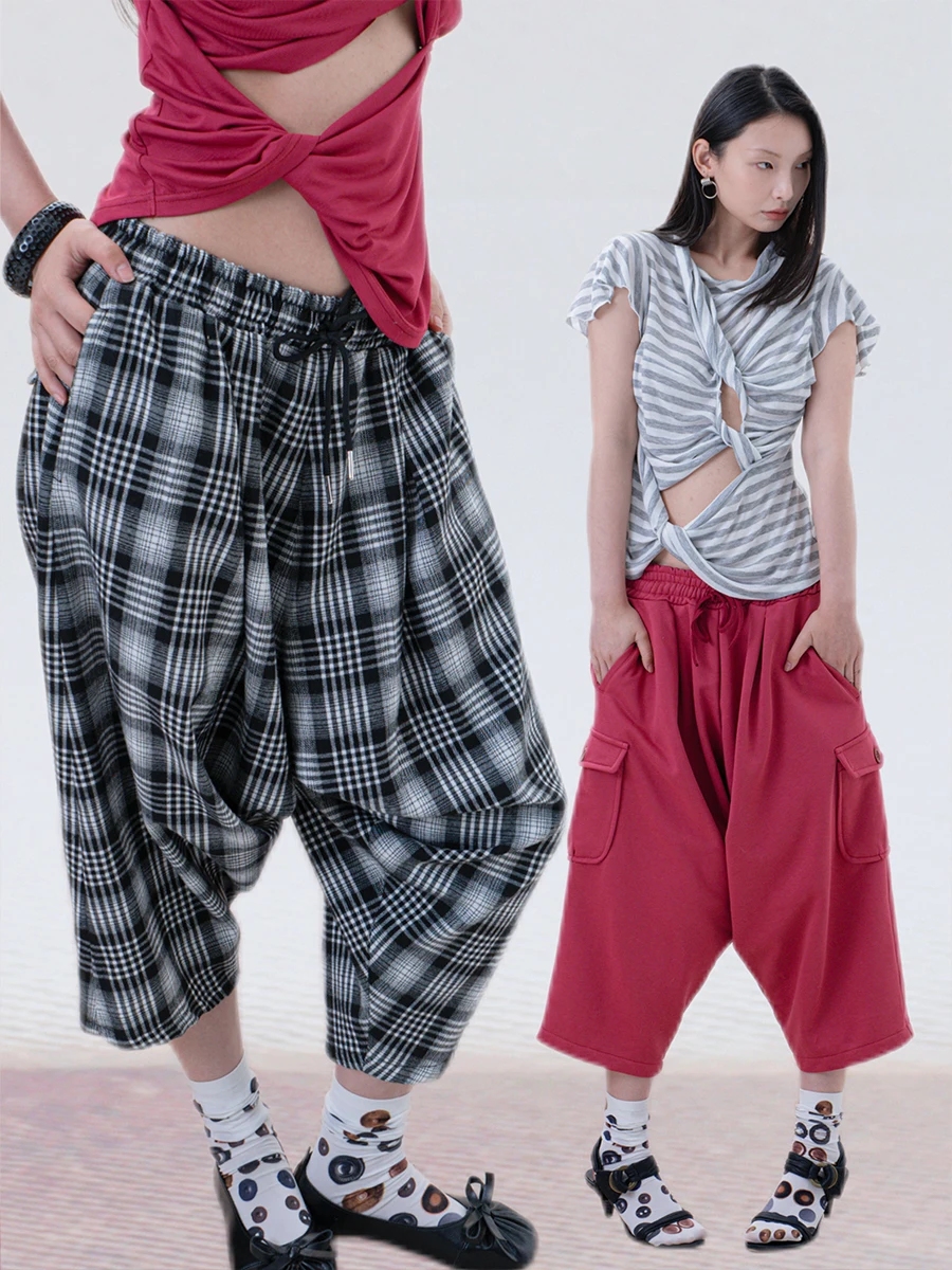 

TROPICEYE Women's Casual Loose Slimming Seven-Foot Harlan Pants Spring Summer Comfortable Sweatshirt Material Plaid Pants