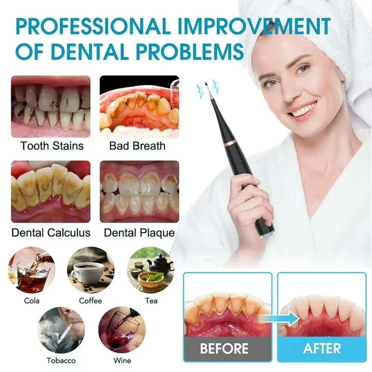 Ultrasonic Dental Calculus Remover Teeth Plaque Scaler Tartar Eliminator Stains Cleaner Electric Dental Tooth Stone Remover