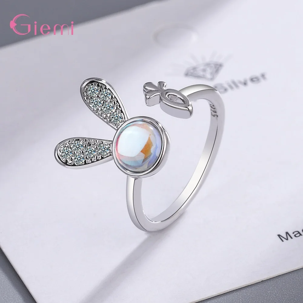 Resizable Open 925 Sterling Silver Cubic Zirconia Finger Jewelry Animal Rabbit Carrot Adjustable Rings For Women Girl