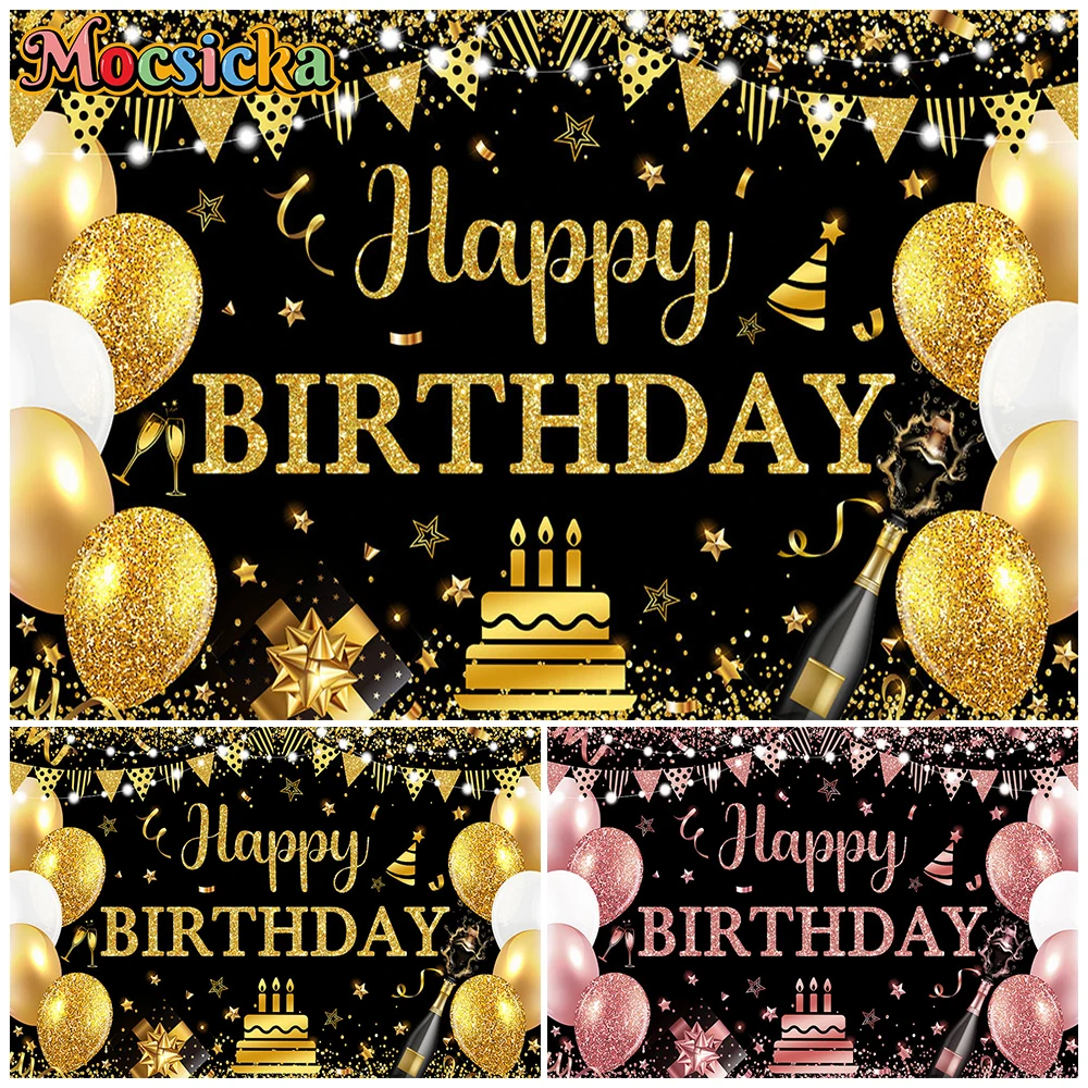 Mocsicka Happy Birthday Backgrounds For Photographs Cake Crush Party Backdrops Golden Pink Decors Children Photo Studio Poster