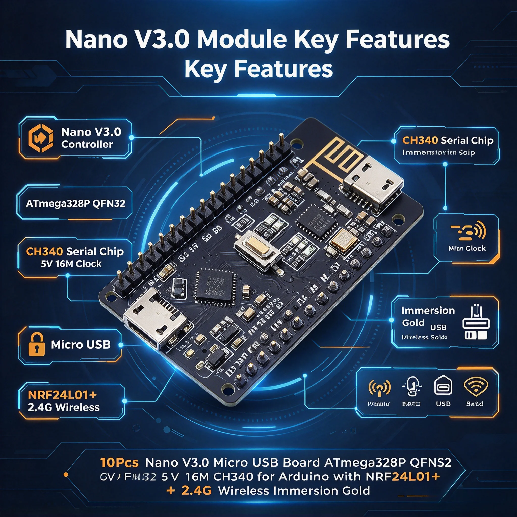 10Pcs Nano V3.0 Micro USB Board ATmega328P QFN32 5V 16M CH340 for Arduino with NRF24L01+ 2.4G Wireless Immersion Gold