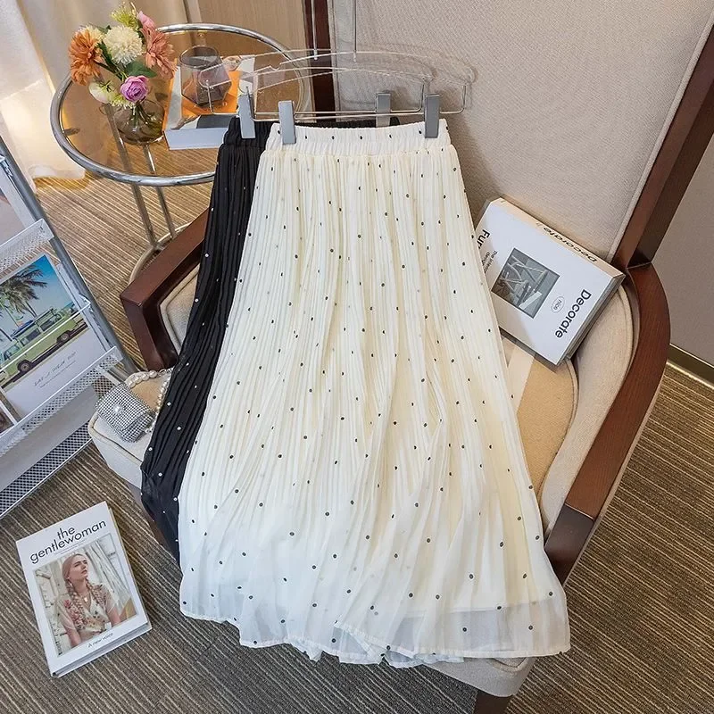 Women's Elegant Polka Dot Pleated Maxi Skirt Elastic High Waist Chiffon Flowy Long Skirt Casual Daily Wear