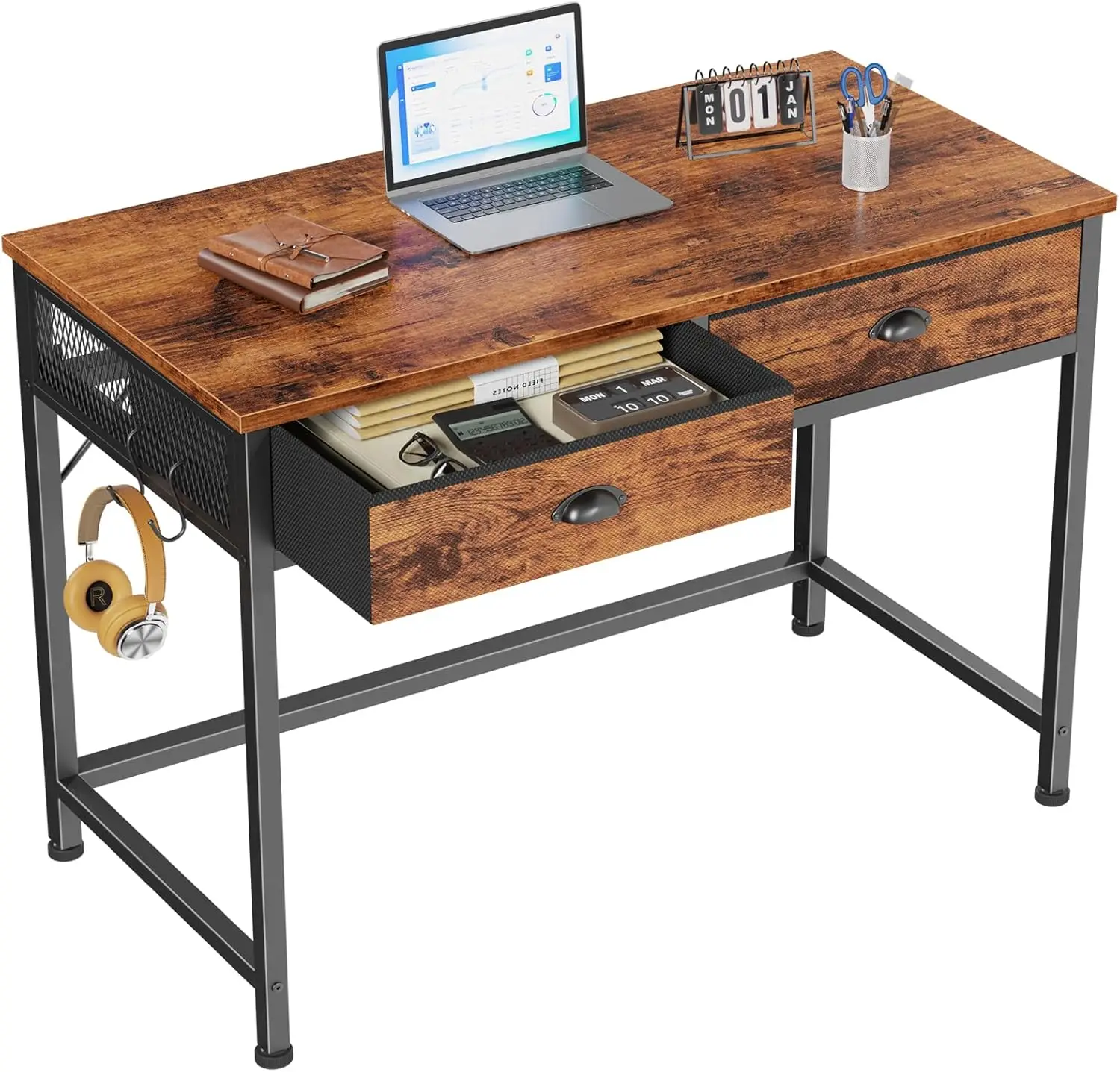 

40-Inch Rustic Brown Computer Desk with 2 Fabric Drawers and Hooks, Ideal for Home Office, Study, or Bedroom in Small Spaces