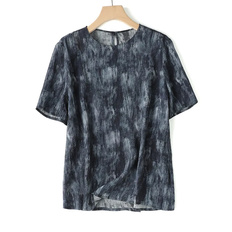 BirdTree, 19MM 97.5%Real Silk Elegant T-Shirt, Women Short Sleeve Tie-dyed, Vintage Commute Tops, 2024 Summer Autumn T469111QC