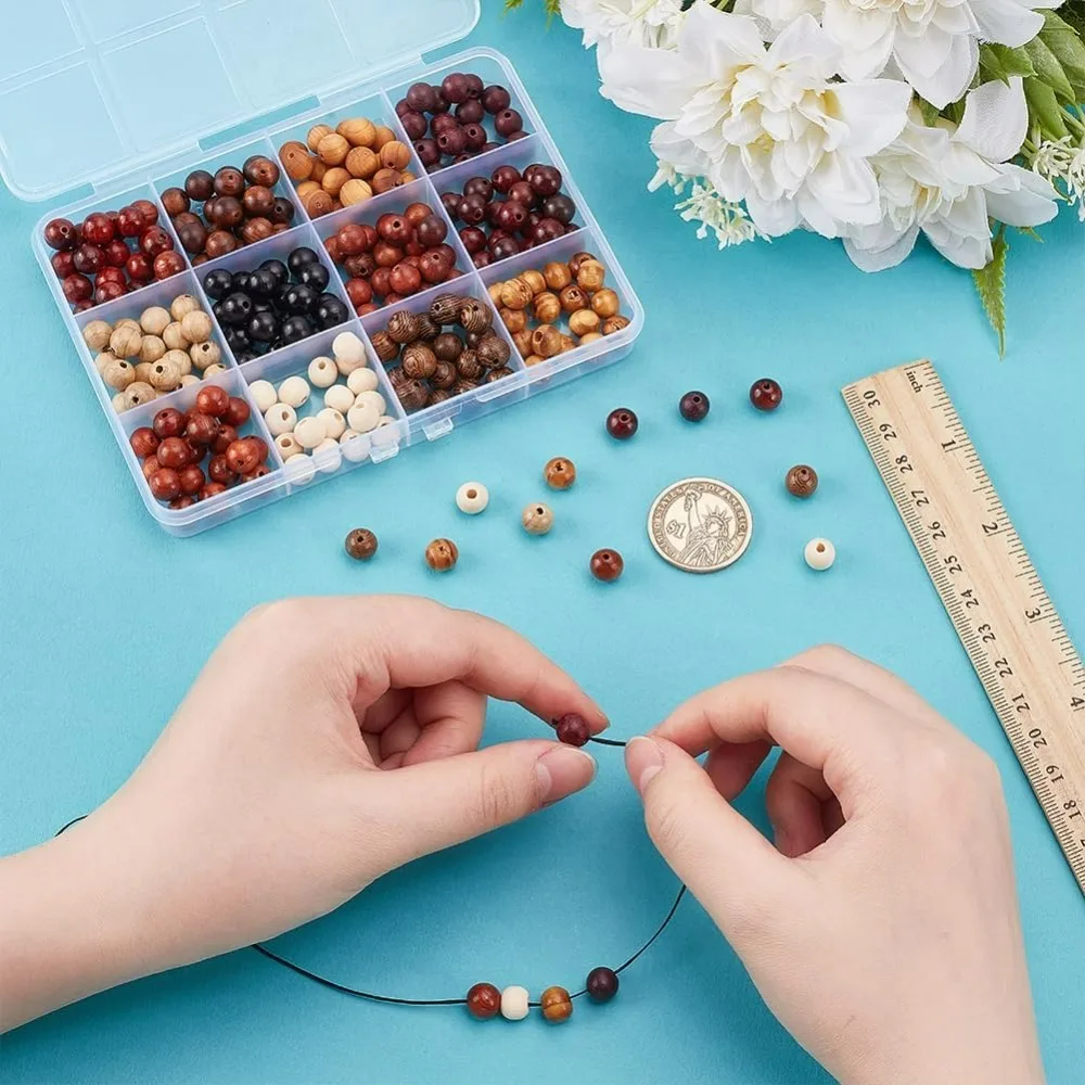 240개 12색 나무 원형 구슬 7.5mm 8mm 원형 나무 광택 스트라이프 루즈 크래프트 비즈 수제 미완성 목재