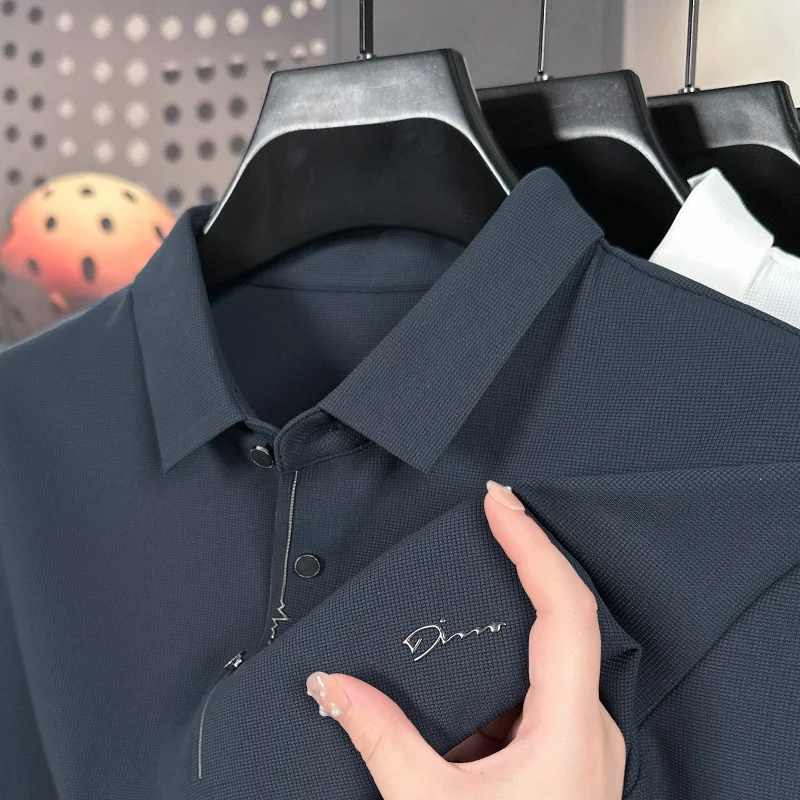 

Высококачественная мужская рубашка-поло с длинными рукавами и лацканами, вышивка букв и пуговицами, осень-зима, новый британский стиль, деловые повседневные мужские топы