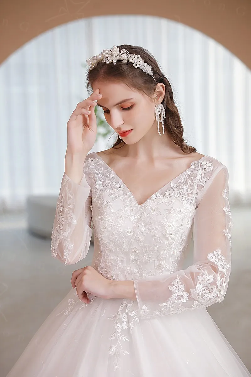 Long Sleeve Wedding Dress Sweet Flower Vestido De Noiva Luxury Lace Ball Gown Real Photo Wedding Gowns For Women customized