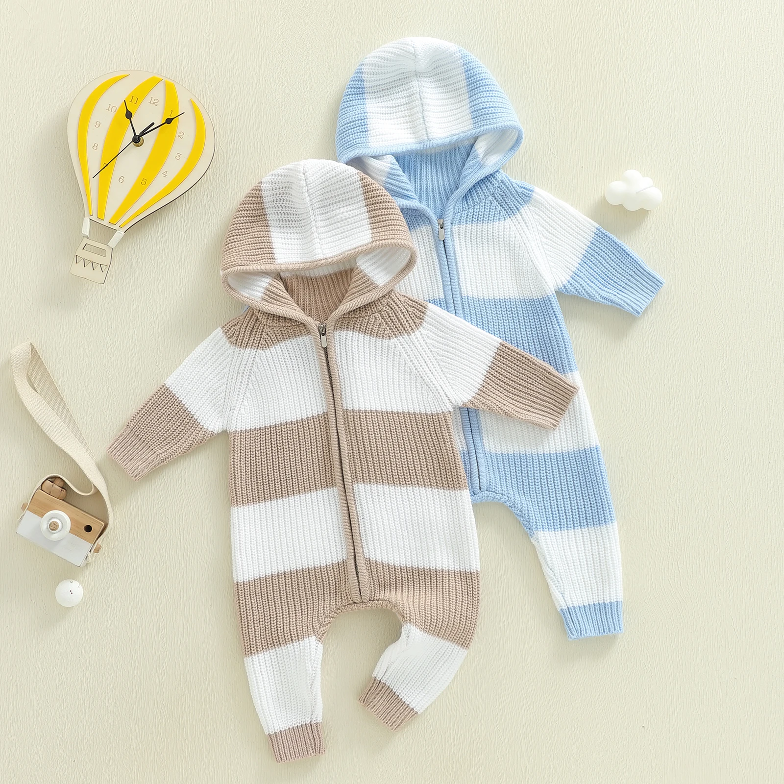 

Suefunskry Baby Jumpsuit, Long Sleeve Hooded Zipper Closure Knitted Romper Striped Sweater for Girls Boys