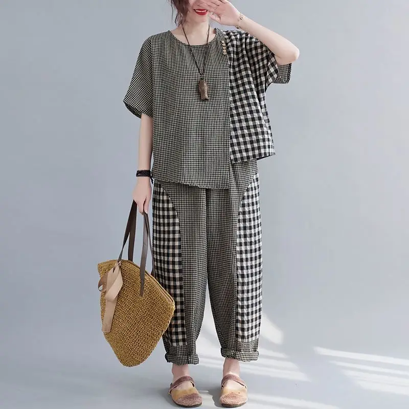 

Summer Casual Suits Women Korean Style Loose Large Size Plaid Stitching T Shirt Loose Harem Pants Cotton Linen Two Piece Sets