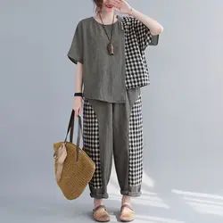 Summer Casual Suits Women Korean Style Loose Large Size Plaid Stitching T Shirt Loose Harem Pants Cotton Linen Two Piece Sets